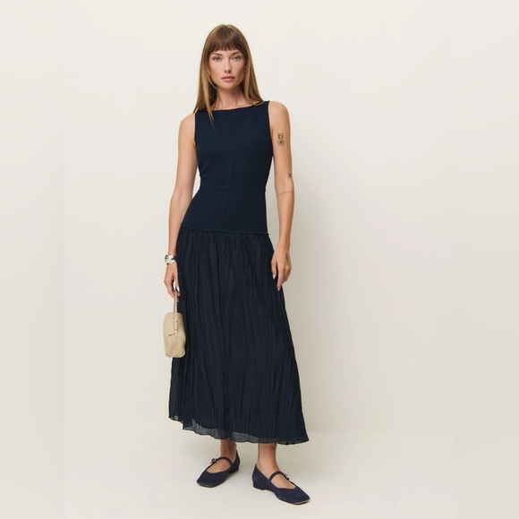 NEW Reformation Cyra Drop Waist Dress Midnight Navy Blue | US 2 UK 4 - Picture 3 of 15